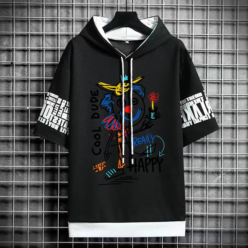 Men's Streetwear Hooded T-Shirt - Winter Graffiti Top