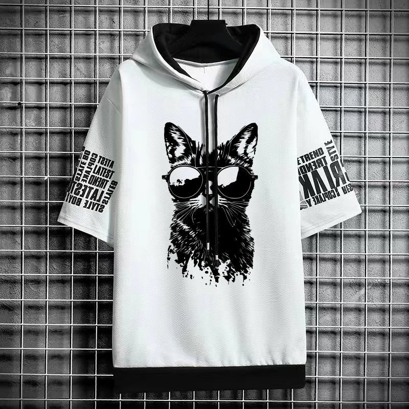 Men's Gothic Print T-Shirt - Winter Hooded Short Sleeve