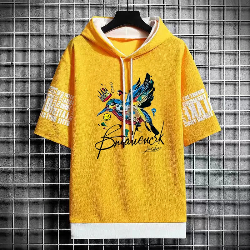 Men's Artistic Bird Print Hooded T-Shirt - Winter Tee