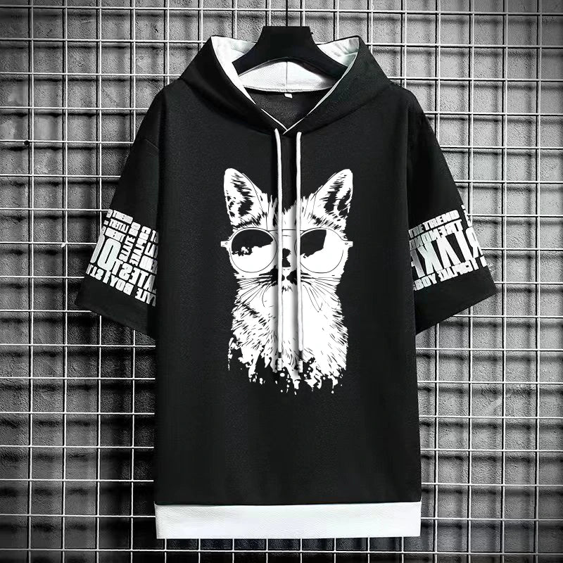 Men's Gothic Print T-Shirt - Winter Hooded Short Sleeve