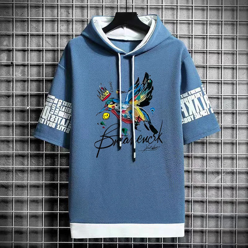 Men's Artistic Bird Print Hooded T-Shirt - Winter Tee