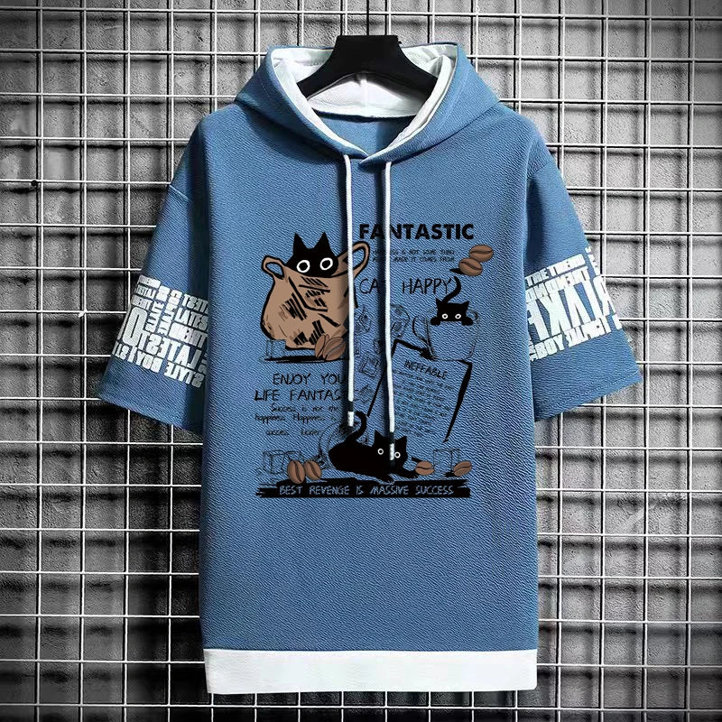 Men's Cartoon Cat T-Shirt - Winter Short Sleeve Hoodie