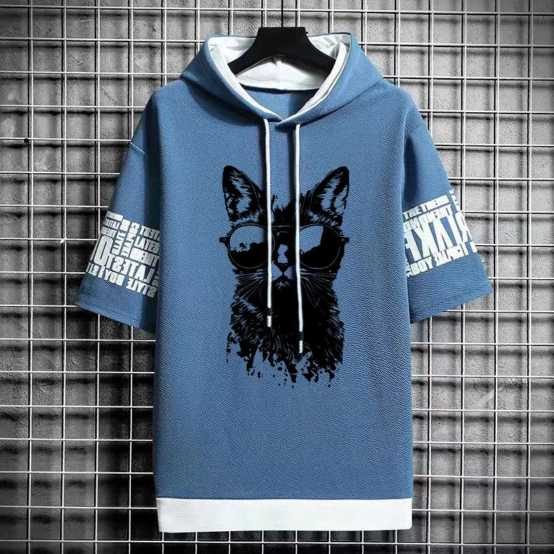 Men's Gothic Print T-Shirt - Winter Hooded Short Sleeve