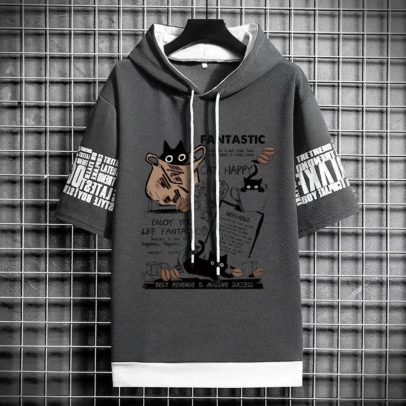 Men's Cartoon Cat T-Shirt - Winter Short Sleeve Hoodie