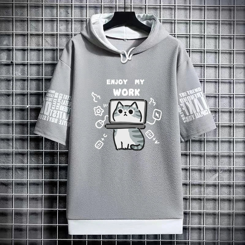 Harajuku Men's Hooded T-Shirt - Cartoon Cat Print Streetwear