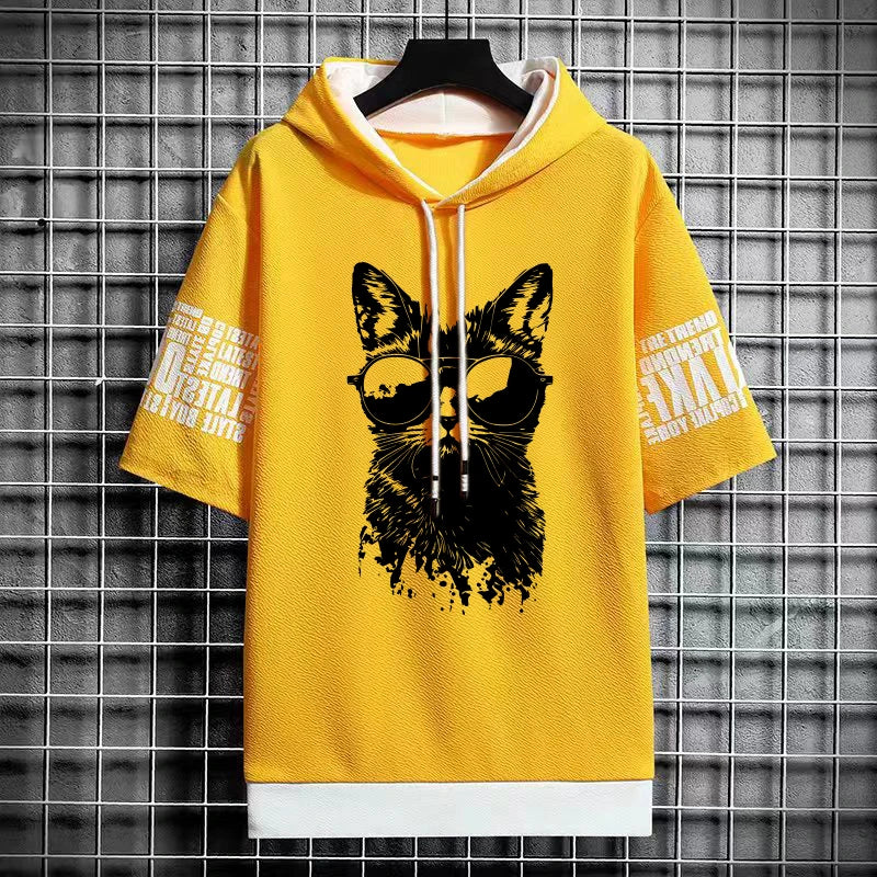 Men's Gothic Print T-Shirt - Winter Hooded Short Sleeve