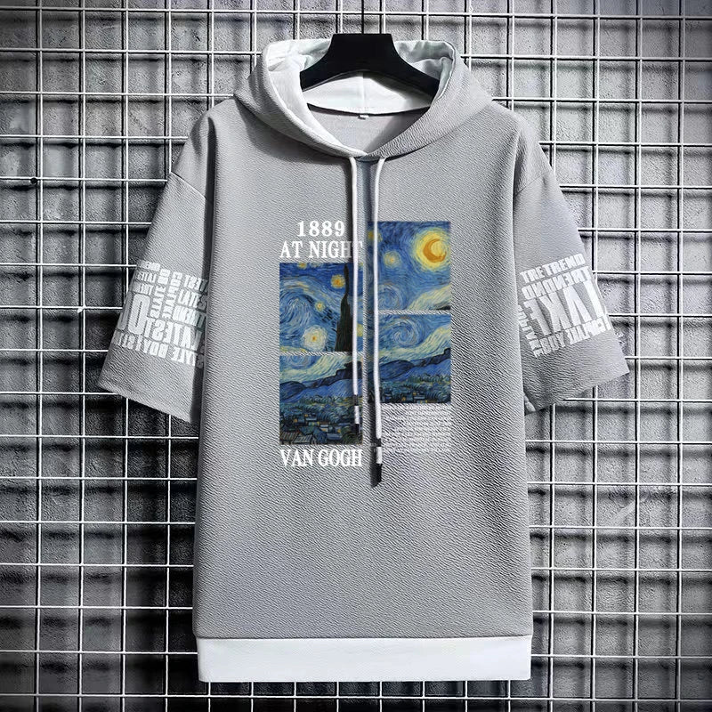 Men's Van Gogh Art T-Shirt - Hooded Winter Streetwear