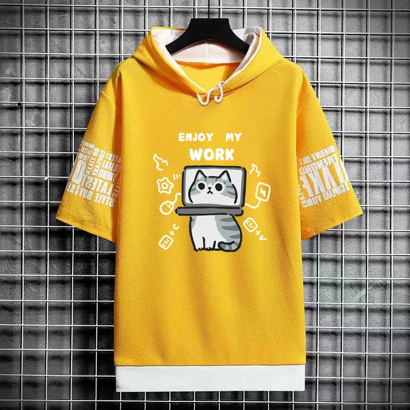Harajuku Men's Hooded T-Shirt - Cartoon Cat Print Streetwear