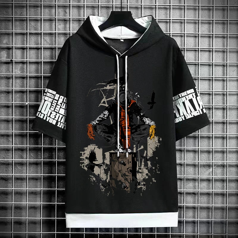 Men's Winter Hooded T-Shirt - Anime Graphic Print Tee