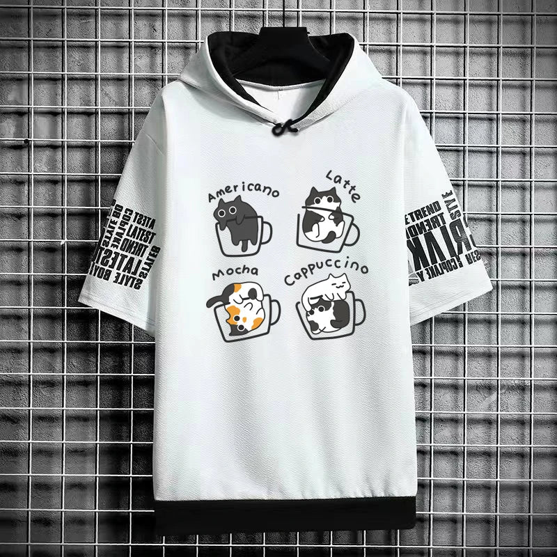 Men's Winter Hooded T-Shirt - Cartoon Coffee Cat Tee