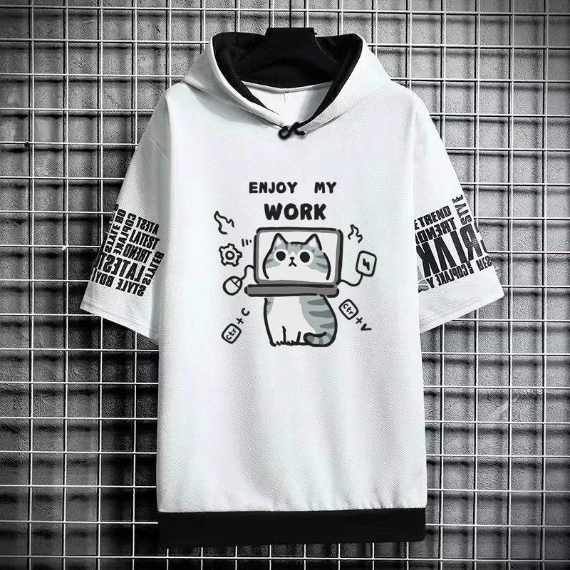 Harajuku Men's Hooded T-Shirt - Cartoon Cat Print Streetwear