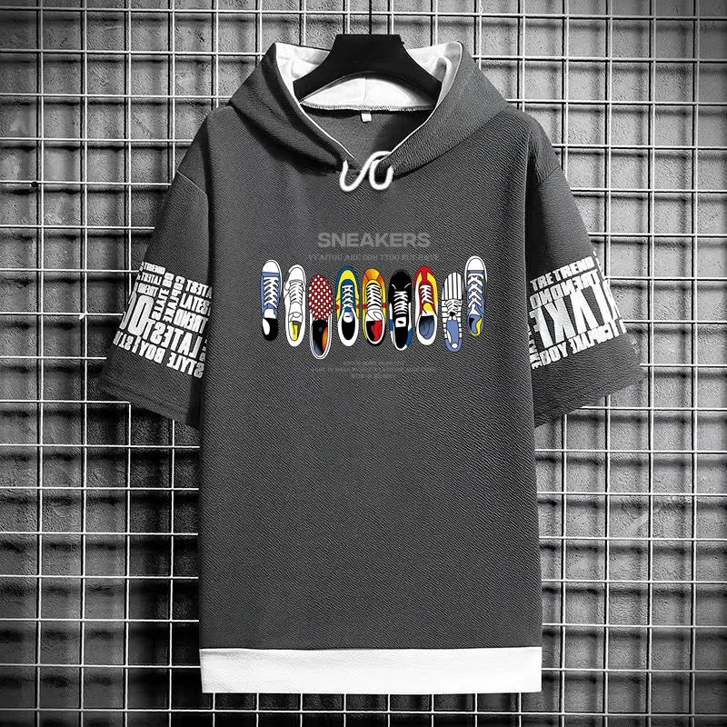 Men's Hooded T-Shirt - Graffiti Sneakers Graphic Streetwear