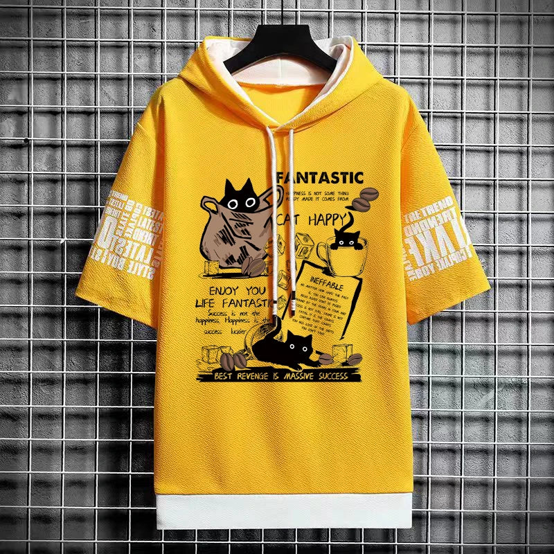 Men's Cartoon Cat T-Shirt - Winter Short Sleeve Hoodie