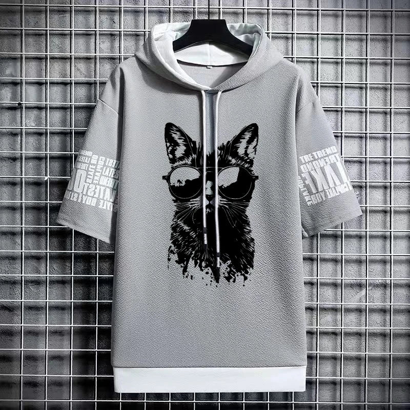 Men's Gothic Print T-Shirt - Winter Hooded Short Sleeve