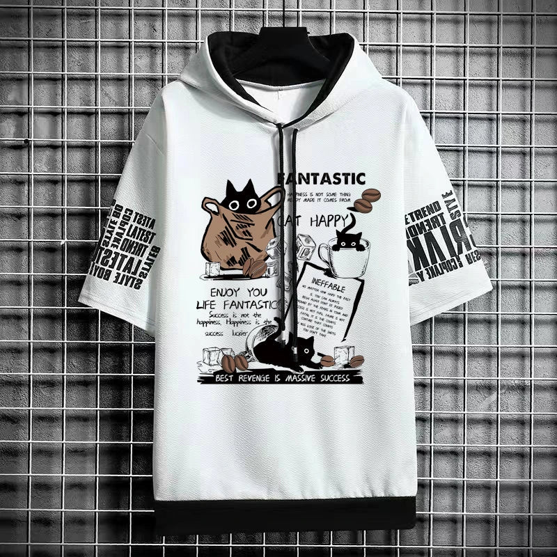 Men's Cartoon Cat T-Shirt - Winter Short Sleeve Hoodie