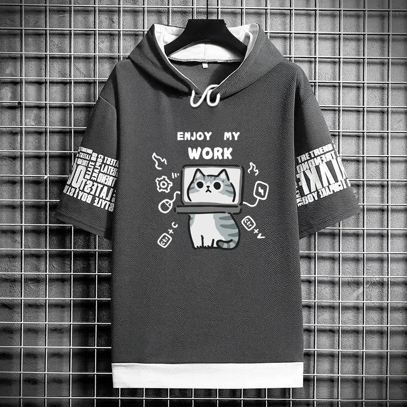 Harajuku Men's Hooded T-Shirt - Cartoon Cat Print Streetwear