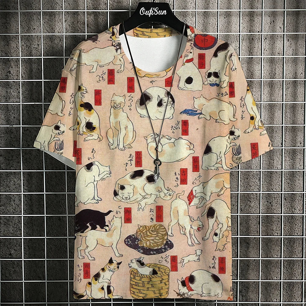 Japanese Style Men's T-Shirt - Summer Short Sleeve Print Tee