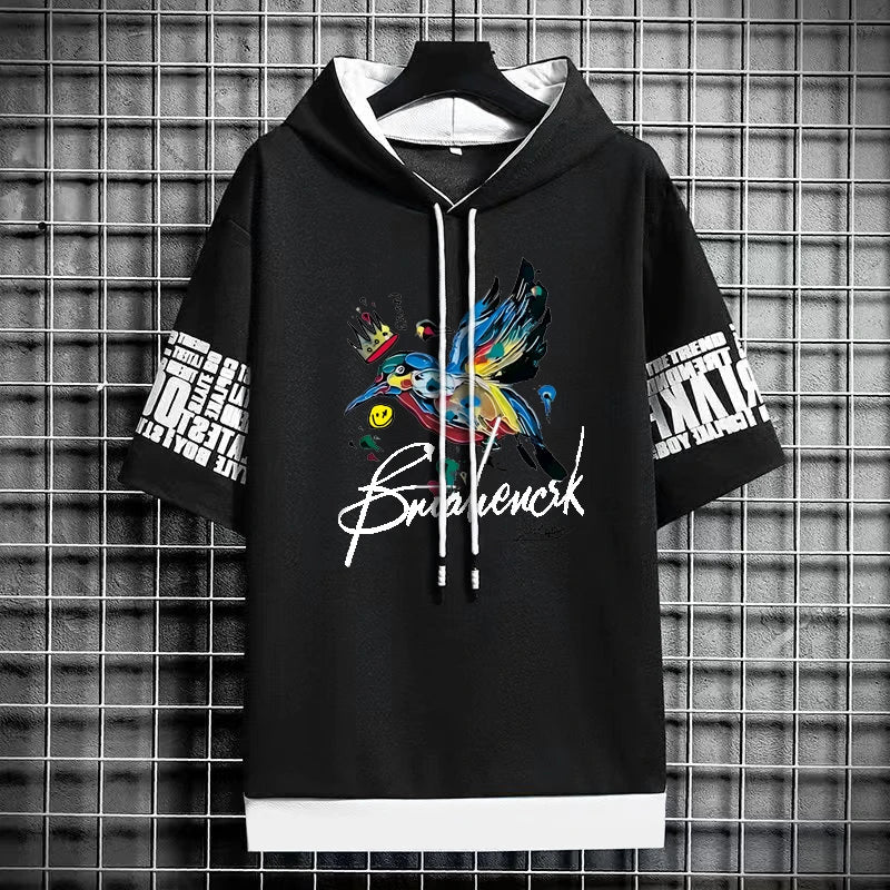 Men's Artistic Bird Print Hooded T-Shirt - Winter Tee