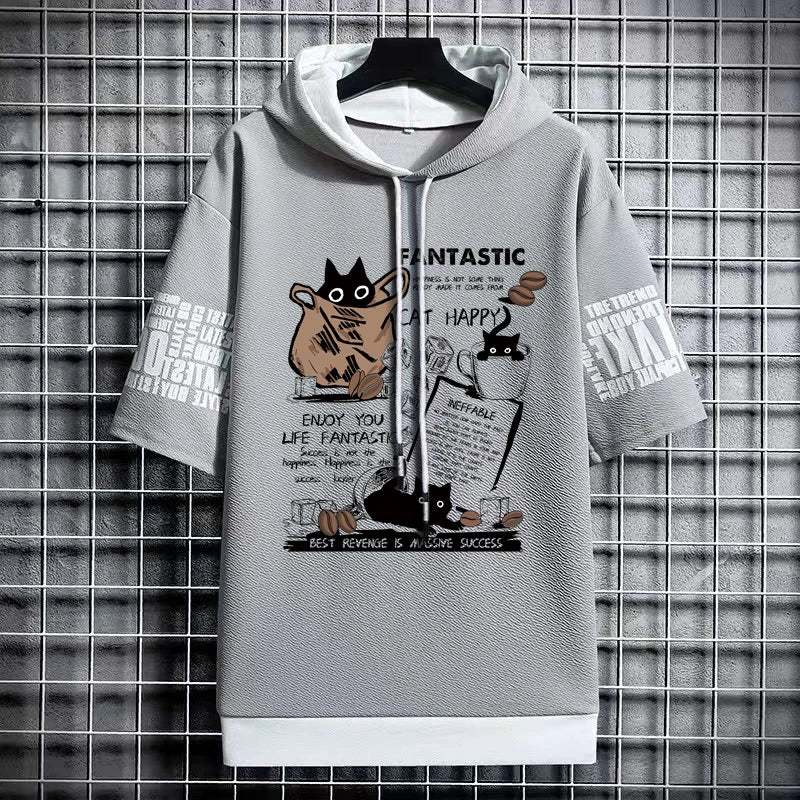 Men's Cartoon Cat T-Shirt - Winter Short Sleeve Hoodie