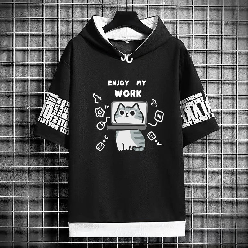 Harajuku Men's Hooded T-Shirt - Cartoon Cat Print Streetwear