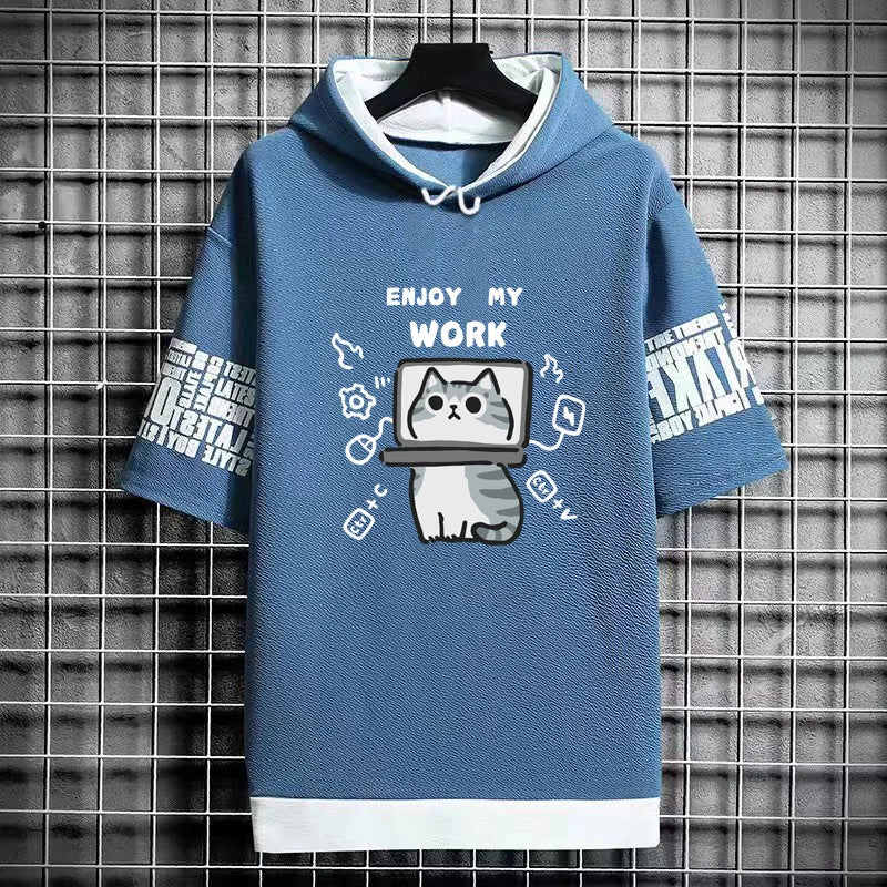 Harajuku Men's Hooded T-Shirt - Cartoon Cat Print Streetwear
