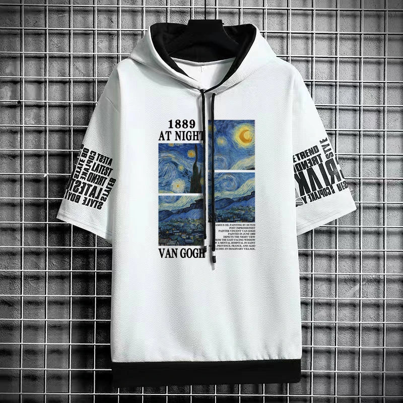 Men's Van Gogh Art T-Shirt - Hooded Winter Streetwear