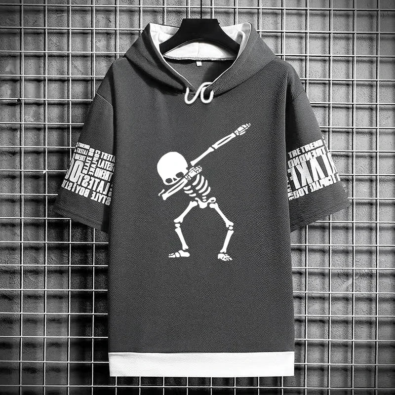 Men's Winter Hooded T-Shirt - Skull Graphic Streetwear
