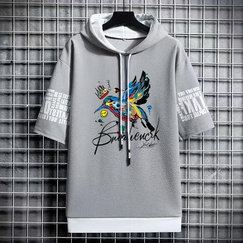 Men's Artistic Bird Print Hooded T-Shirt - Winter Tee