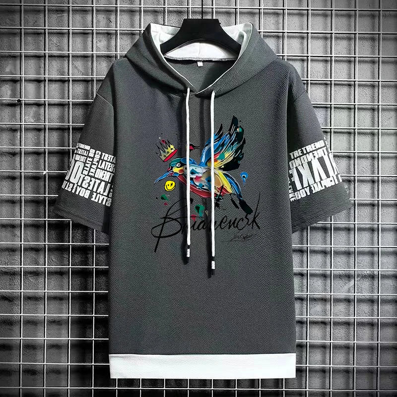 Men's Artistic Bird Print Hooded T-Shirt - Winter Tee