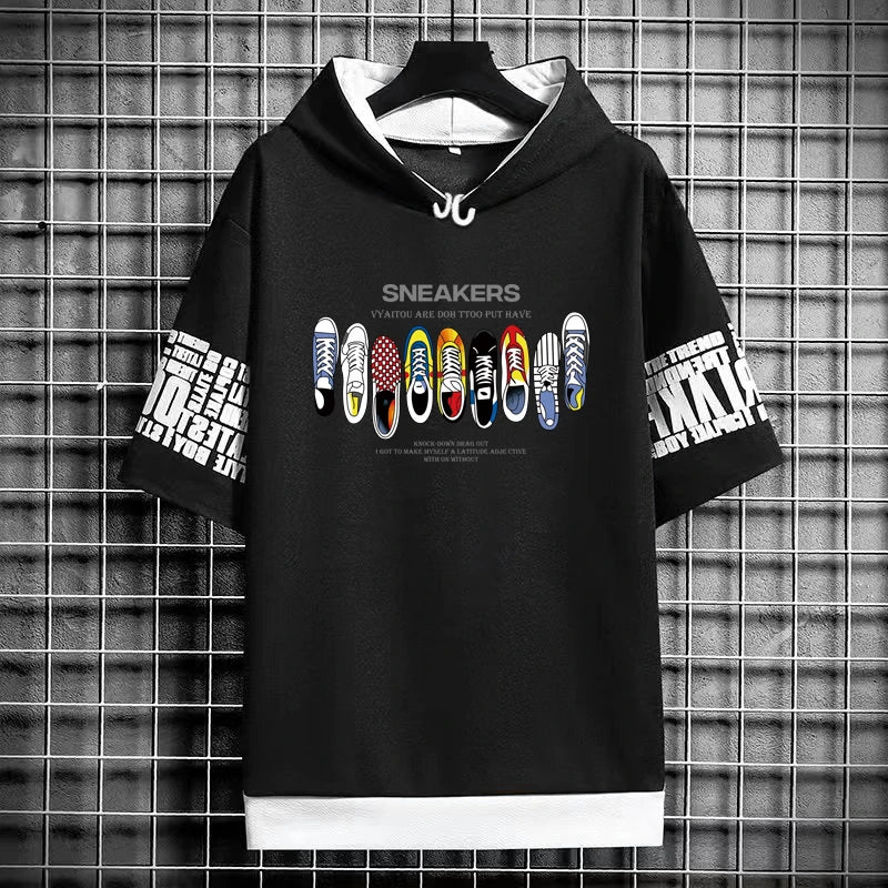 Men's Hooded T-Shirt - Graffiti Sneakers Graphic Streetwear