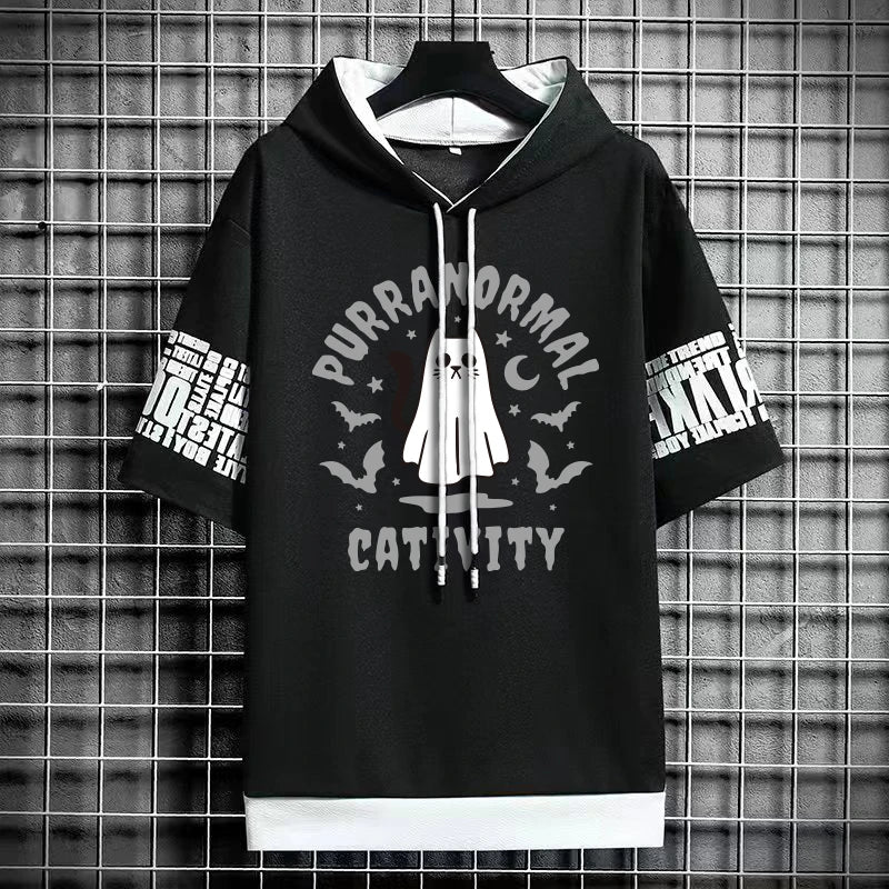 Men's Winter Hooded T-Shirt - Stylish Cat Print Tee