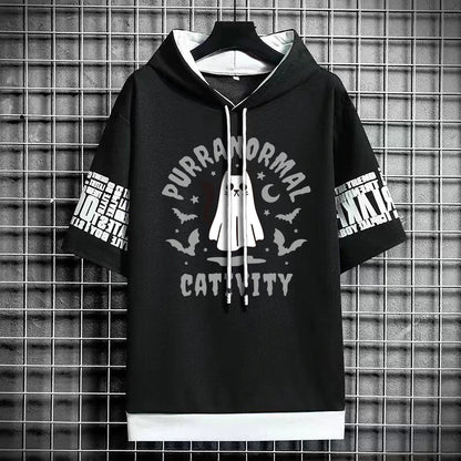 Men's Winter Hooded T-Shirt - Stylish Cat Print Tee
