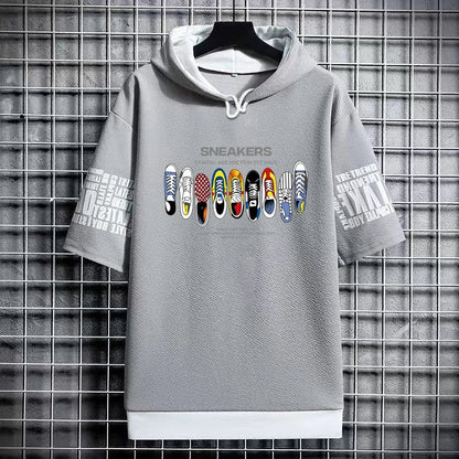 Men's Hooded T-Shirt - Graffiti Sneakers Graphic Streetwear