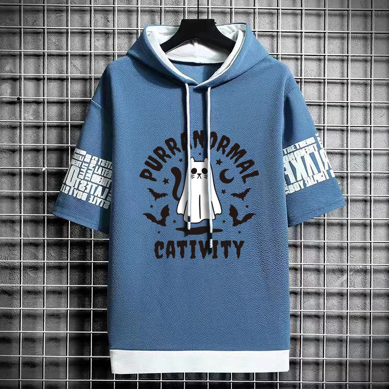 Men's Winter Hooded T-Shirt - Stylish Cat Print Tee
