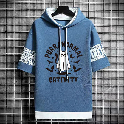 Men's Winter Hooded T-Shirt - Stylish Cat Print Tee