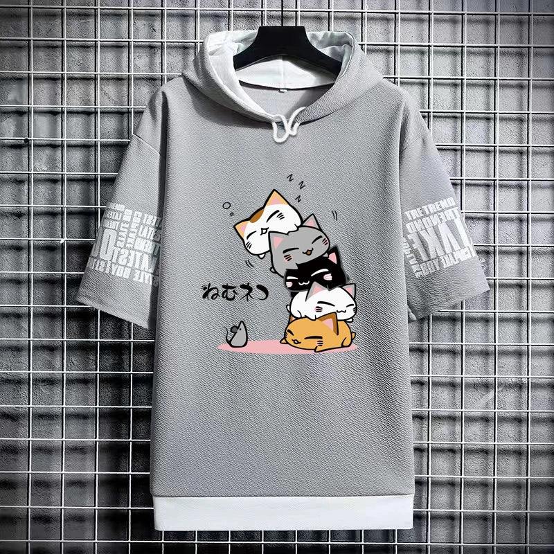 Men's Fashion Hooded T-Shirt - Cartoon Cat Print Tee