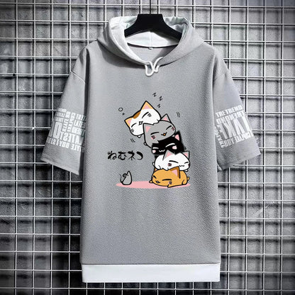 Men's Fashion Hooded T-Shirt - Cartoon Cat Print Tee