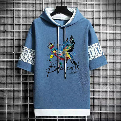 Men's Artistic Bird Print Hooded T-Shirt - Winter Tee