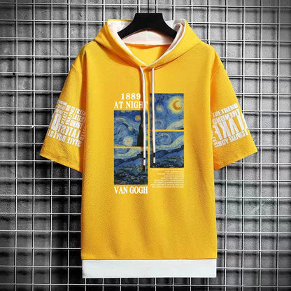 Men's Van Gogh Art T-Shirt - Hooded Winter Streetwear
