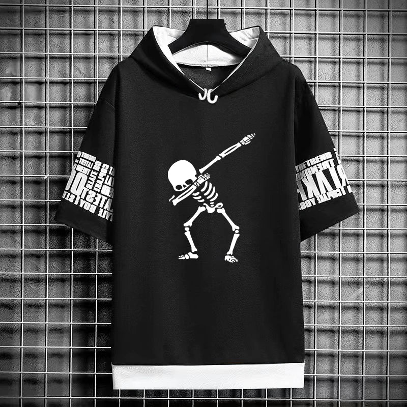Men's Winter Hooded T-Shirt - Skull Graphic Streetwear