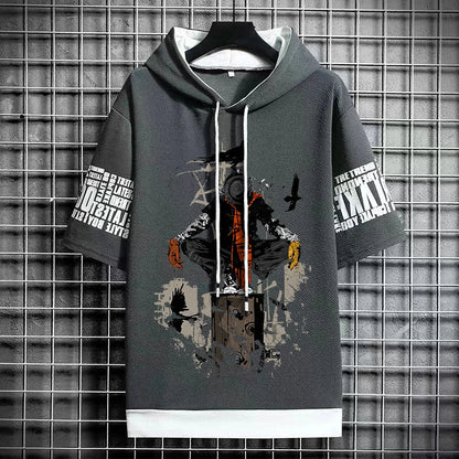 Men's Winter Hooded T-Shirt - Anime Graphic Print Tee