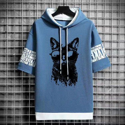 Men's Gothic Print T-Shirt - Winter Hooded Short Sleeve