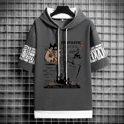 Men's Cartoon Cat T-Shirt - Winter Short Sleeve Hoodie