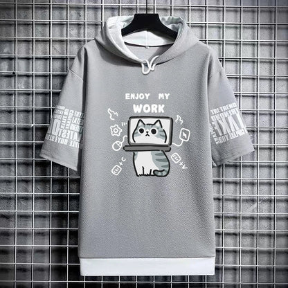 Harajuku Men's Hooded T-Shirt - Cartoon Cat Print Streetwear