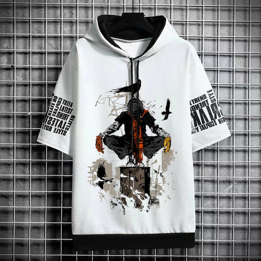 Men's Winter Hooded T-Shirt - Anime Graphic Print Tee