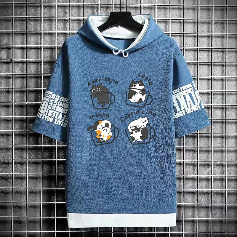 Men's Winter Hooded T-Shirt - Cartoon Coffee Cat Tee