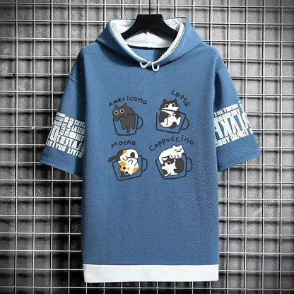 Men's Winter Hooded T-Shirt - Cartoon Coffee Cat Tee
