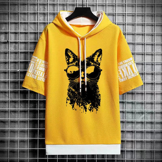 Men's Gothic Print T-Shirt - Winter Hooded Short Sleeve