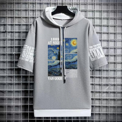 Men's Van Gogh Art T-Shirt - Hooded Winter Streetwear