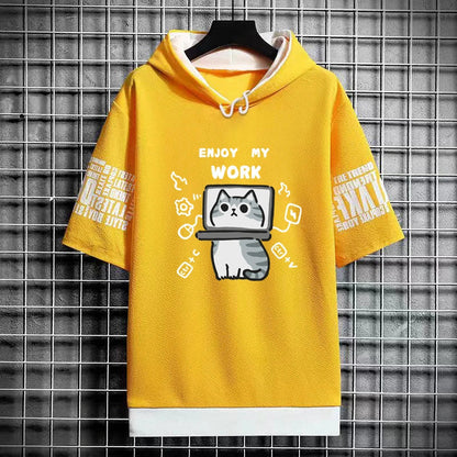 Harajuku Men's Hooded T-Shirt - Cartoon Cat Print Streetwear